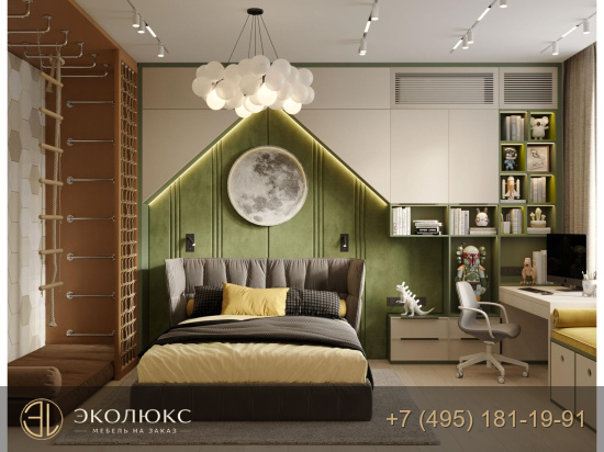 Детская спальня с мягкой кроватью и спортивным комплексом фото 8